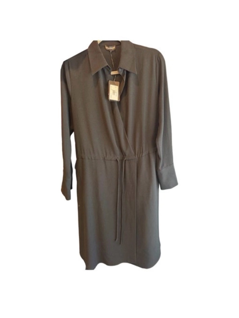 Olive Green Long-Sleeve Shirt Dress with Tie Waist